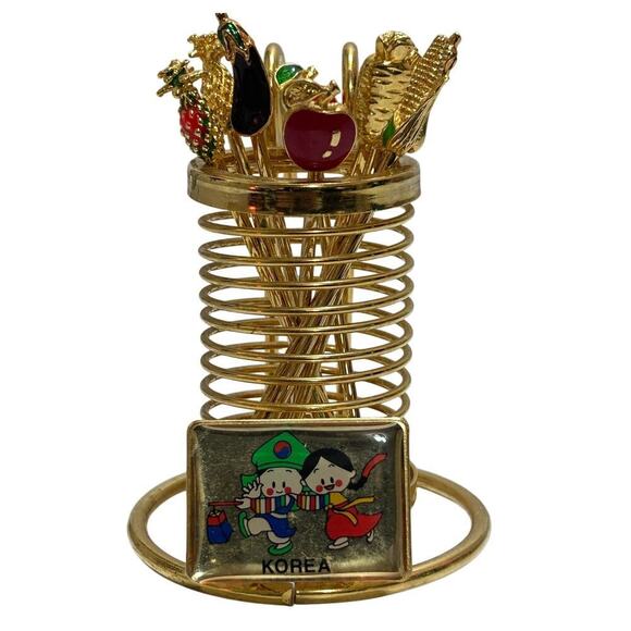 Appetizer Hors D'oeuvre Set 9 Forks Fruit Vegetables Gold Holder Serveware Korea - Picture 1 of 8